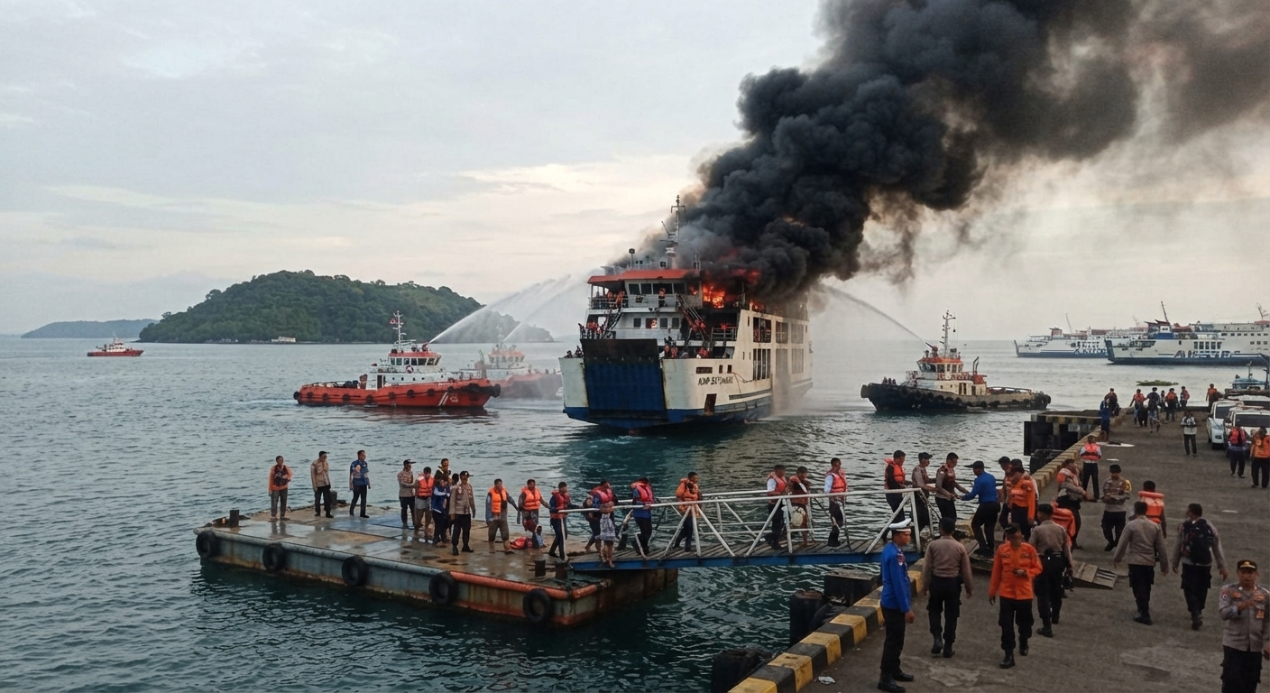 "Ilustrasi proses evakuasi penumpang KMP Batumandi yang mengalami kebakaran di perairan Merak. Tampak kepulan asap hitam membubung dari buritan kapal feri saat sejumlah kapal penyelamat melakukan penyemprotan air di dekat dermaga pelabuhan.